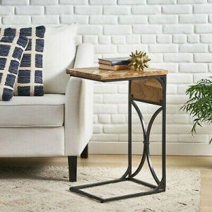 Home accessories Decor Printz Boho Handcrafted Mango Wood C-Shaped Side Table, Natural and Black