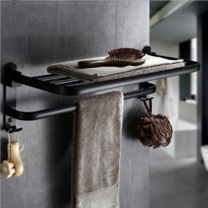 Foldable Vintage Towel Rack Black Brief Aluminum Towel Folding Towel Holder Double Bath Shelves Towel Rail Bathroom Fixed Accessor