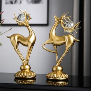 Modern Home Living Room Desktop Decoration Creativity Resin Simulation Animal Deer Couple Golden Crystal Ball Crafts Furnishings