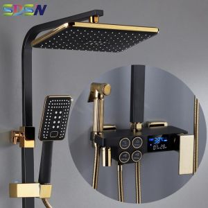 Home accessories bathroom Hot and Cold Digital Shower Set Faucet Bathroom Shower System Black Gold Shower Faucet Square Shower Head  Bath Shower System