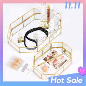 Golden Mirror Tray Cosmetic Container Jewelry Organizer Case Lipstick Necklace Desktop Bathroom Storage