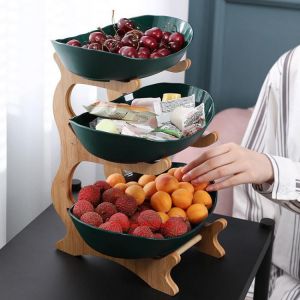 Home accessories kitchen  2/3 Tiers Plastic Fruit Plates with Wood Holder Oval Serving Bowls for Party Food Server Display Stand Fruit Candy Shelves