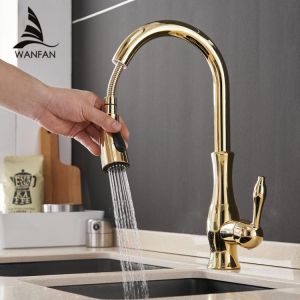 Home accessories kitchen  Gold Kitchen Faucets Silver Single Handle Pull Out Kitchen Tap Single Hole Handle Swivel Degree Water Mixer Tap Mixer Tap 866011